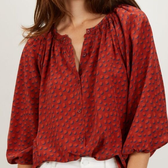 Tucker Classic Blouse Rustic Dot in Crepe de Chine Silk Top Smocked Collar - Picture 2 of 11